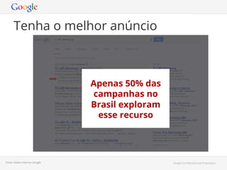 Tenha o melhor anúncio

Sitelinks aumentam
Apenas 50% das
entre 10 e 20% a
campanhas no
probabilidade de o
Brasil ser clicado
anúncioexploram

esse recurso

Fonte: Dados Internos Google

Google Conﬁdential and Proprietary

 