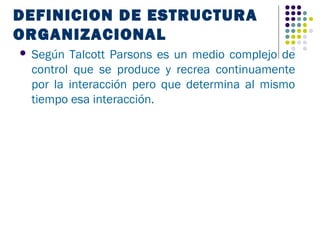DEFINICION DE ESTRUCTURA
ORGANIZACIONAL
   Según Talcott Parsons es un medio complejo de
    control que se produce y recrea continuamente
    por la interacción pero que determina al mismo
    tiempo esa interacción.
 