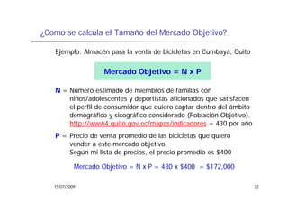 ¿Como se calcula el Tamaño del Mercado Objetivo?

   Ejemplo: Almacén para la venta de bicicletas en Cumbayá, Quito

                     Mercado Objetivo = N x P
                      Mercado Objetivo = N x P

   N = Número estimado de miembros de familias con
       niños/adolescentes y deportistas aficionados q satisfacen
             /                 p                    que
       el perfil de consumidor que quiero captar dentro del ámbito
       demográfico y sicográfico considerado (Población Objetivo).
       http://www4.quito.gov.ec/mapas/indicadores = 430 por año
   P = Precio de venta promedio de las bicicletas que quiero
       vender a este mercado objetivo.
       Según mi lista de precios, el precio promedio es $400

            Mercado Objetivo = N x P = 430 x $400 = $172,000

   15/07/2009                                                        32
 
