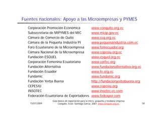 Fuentes nacionales: A
F   t      i   l    Apoyo a las Microempresas y PYMES
                            l Mi
  Corporación Promoción Económica                    www.conquito.org.ec
  Subsecretaría de MIPYMES del MIC                   www.micip.gov.ec
  Cámara de Comercio de Quito                        www.ccq.org.ec
  Cámara de la Pequeña Industria PI
                  q                                  www.pequenaindustria.com.ec
                                                           p q
  Foro Ecuatoriano de la Microempresa                www.fomecuador.org
  Cámara Nacional de la Microempresa                 www.cepesiu.org.ec
  Fundación ESQUEL                                   www.esquel.org.ec
                                                     www esquel org ec
  Corporación Femenina Ecuatoriana                   www.corfec.org
  Fundación Alternativa                              www.fundacionalternativa.org.ec
  Fundación Ecuador                                  www.fe.org.ec
  Fundamic                                           www.fundamic.org
  Fundación Yerba Buena                              http://fundacionyerbabuena.org
  CEPESIU                                            www.cepesiu.org
  INSOTEC                                            www.insotec-ec.com
  Federación Ecuatoriana de Exportadores
  F d    ió E     t i    d E     t d                 www.fedexpor.com
                                                           f d
                 Guía básica de exportación para la micro, pequeña y mediana empresa
   15/07/2009         Conquito, Econ. Santiago García, 2007, www.conquito.org.ec       50
 