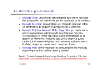 Los diferentes tipos de mercado

       Mercado Total: universo de consumidores que tienen necesida-
       des que pueden ser satisfechas por los productos de la empresa
       Mercado Potencial: consumidores del mercado total que están
       en condiciones de adquirir los productos de la empresa.
                                                      empresa
       Mercado Objetivo (Mercado Meta, Target Group): conformado
       por los consumidores del mercado potencial que han sido
       seleccionados en forma especifica, como destinatarios de la
          l i     d      f            ifi        d ti t i d l
       gestión de Marketing; mercado este que la empresa quiere
       captar y a los cuales dirigimos todas nuestras acciones, con la
       finalidad de que se conviertan en nuestros clientes.
       Mercado Real: conformado por los consumidores del mercado
       objetivo que se han podido captar y atender.
                                            atender

   Fuente: Comisión Nacional de Investigación Científica y Tecnológica, Chile; Link:
   www.fondef.cl/documentos/etapas/S+C/Informe_Avance_Economico_Social.doc
   www fondef cl/documentos/etapas/S+C/Informe Avance Economico Social doc

   15/07/2009                                                                          58
 