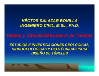 11
HÉCTOR SALAZAR BONILLAHÉCTOR SALAZAR BONILLA
INGENIERO CIVIL, M.Sc., Ph.D.INGENIERO CIVIL, M.Sc., Ph.D.
DiseñoDiseño yy CálculoCálculo EstructuralEstructural dede TúnelesTúneles
ESTUDIOS E INVESTIGACIONES GEOLÓGICAS,ESTUDIOS E INVESTIGACIONES GEOLÓGICAS,
HIDROGEOLÓGICAS Y GEOTÉCNICAS PARAHIDROGEOLÓGICAS Y GEOTÉCNICAS PARA
DISEÑO DE TÚNELESDISEÑO DE TÚNELES
 