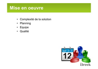 Mise en oeuvre

  •   Complexité de la solution
  •   Planning
  •   Equipe
  •   Qualité
 