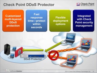 15©2013 Check Point Software Technologies Ltd.
Check Point DDoS Protector
Flexible
deployment
options
Customized
multi-layered
DDoS
protection
Fast
response
time—protect
within
seconds
DDoS Protector
Integrated
with Check
Point security
management
 