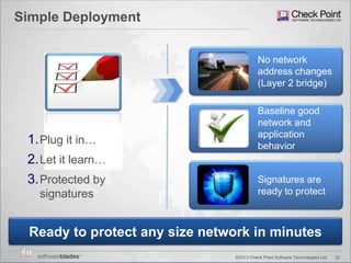 22©2013 Check Point Software Technologies Ltd.
Simple Deployment
Ready to protect any size network in minutes
1.Plug it in…
2.Let it learn…
3.Protected by
signatures
Signatures are
ready to protect
Baseline good
network and
application
behavior
No network
address changes
(Layer 2 bridge)
 