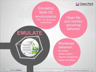 33©2013 Check Point Software Technologies Ltd.
EMULATE
Open file
and monitor
abnormal
behavior
Emulating
Multi OS
environments
WIN 7, 8, XP & user
customized
Monitored
behavior:
• file system
• system registry
• network connections
• system processes
 