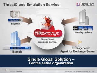 42©2013 Check Point Software Technologies Ltd.
ThreatCloud Emulation Service
Branch
Headquarters
Branch
Agent for Exchange Server
ThreatCloud
Emulation Service
Single Global Solution –
For the entire organization
 