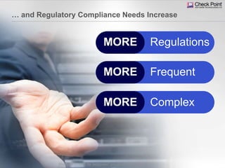 51©2013 Check Point Software Technologies Ltd.
… and Regulatory Compliance Needs Increase
MORE
MORE
MORE
Regulations
Frequent
Complex
[Restricted] ONLY for designated groups and individuals
 