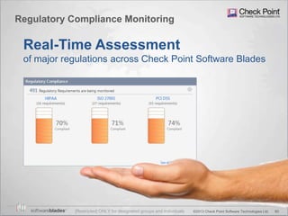 60©2013 Check Point Software Technologies Ltd.
Real-Time Assessment
of major regulations across Check Point Software Blades
Regulatory Compliance Monitoring
[Restricted] ONLY for designated groups and individuals
 