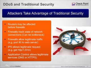 11©2013 Check Point Software Technologies Ltd.
DDoS and Traditional Security
Attackers Take Advantage of Traditional Security
 Routers may be affected
before firewalls
 Firewalls track state of network
connections (Can be bottleneck)
 Firewalls allow legitimate traffic
(e.g. port 80 to web server)
 IPS allows legitimate request
(e.g. get http/1.0rn)
 Application Control allows legitimate
services (DNS or HTTPS)
 
