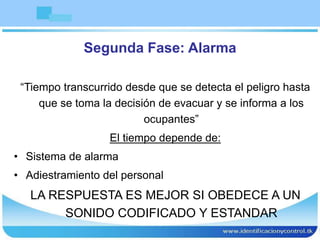 Segunda Fase: Alarma
“Tiempo transcurrido desde que se detecta el peligro hasta
que se toma la decisión de evacuar y se informa a los
ocupantes”
El tiempo depende de:
• Sistema de alarma
• Adiestramiento del personal
LA RESPUESTA ES MEJOR SI OBEDECE A UN
SONIDO CODIFICADO Y ESTANDAR
 