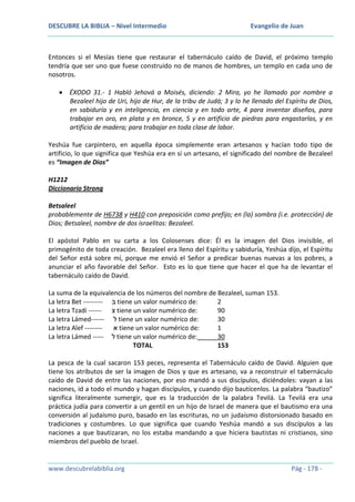 DESCUBRE LA BIBLIA – Nivel Intermedio

Evangelio de Juan

Entonces si el Mesías tiene que restaurar el tabernáculo caído de David, el próximo templo
tendría que ser uno que fuese construido no de manos de hombres, un templo en cada uno de
nosotros.
ÉXODO 31.- 1 Habló Jehová a Moisés, diciendo: 2 Mira, yo he llamado por nombre a
Bezaleel hijo de Uri, hijo de Hur, de la tribu de Judá; 3 y lo he llenado del Espíritu de Dios,
en sabiduría y en inteligencia, en ciencia y en todo arte, 4 para inventar diseños, para
trabajar en oro, en plata y en bronce, 5 y en artificio de piedras para engastarlas, y en
artificio de madera; para trabajar en toda clase de labor.
Yeshúa fue carpintero, en aquella época simplemente eran artesanos y hacían todo tipo de
artificio, lo que significa que Yeshúa era en sí un artesano, el significado del nombre de Bezaleel
es “Imagen de Dios”
H1212
Diccionario Strong
Betsaleel
probablemente de H6738 y H410 con preposición como prefijo; en (la) sombra (i.e. protección) de
Dios; Betsaleel, nombre de dos israelitas: Bezaleel.
El apóstol Pablo en su carta a los Colosenses dice: Él es la imagen del Dios invisible, el
primogénito de toda creación. Bezaleel era lleno del Espíritu y sabiduría, Yeshúa dijo, el Espíritu
del Señor está sobre mí, porque me envió el Señor a predicar buenas nuevas a los pobres, a
anunciar el año favorable del Señor. Esto es lo que tiene que hacer el que ha de levantar el
tabernáculo caído de David.
La suma de la equivalencia de los números del nombre de Bezaleel, suman 153.
La letra Bet --------- ‫ ב‬tiene un valor numérico de:
2
La letra Tzadi ------ ‫ צ‬tiene un valor numérico de:
90
La letra Lámed------ ‫ ל‬tiene un valor numérico de:
30
La letra Alef -------‫ א‬tiene un valor numérico de:
1
La letra Lámed ----- ‫ ל‬tiene un valor numérico de:
30
TOTAL
153
La pesca de la cual sacaron 153 peces, representa el Tabernáculo caído de David. Alguien que
tiene los atributos de ser la imagen de Dios y que es artesano, va a reconstruir el tabernáculo
caído de David de entre las naciones, por eso mandó a sus discípulos, diciéndoles: vayan a las
naciones, id a todo el mundo y hagan discípulos, y cuando dijo bautícenlos. La palabra “bautizo”
significa literalmente sumergir, que es la traducción de la palabra Tevilá. La Tevilá era una
práctica judía para convertir a un gentil en un hijo de Israel de manera que el bautismo era una
conversión al judaísmo puro, basado en las escrituras, no un judaísmo distorsionado basado en
tradiciones y costumbres. Lo que significa que cuando Yeshúa mandó a sus discípulos a las
naciones a que bautizaran, no los estaba mandando a que hiciera bautistas ni cristianos, sino
miembros del pueblo de Israel.

www.descubrelabiblia.org

Pág - 178 -

 