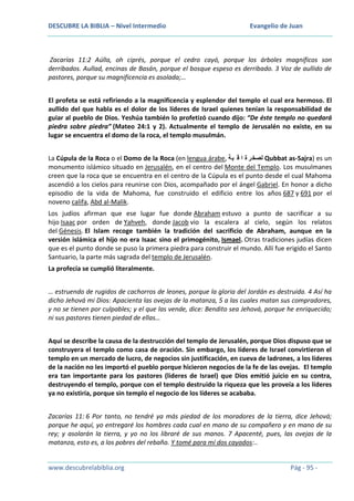 DESCUBRE LA BIBLIA – Nivel Intermedio

Evangelio de Juan

Zacarías 11:2 Aúlla, oh ciprés, porque el cedro cayó, porque los árboles magníficos son
derribados. Aullad, encinas de Basán, porque el bosque espeso es derribado. 3 Voz de aullido de
pastores, porque su magnificencia es asolada;…
El profeta se está refiriendo a la magnificencia y esplendor del templo el cual era hermoso. El
aullido del que habla es el dolor de los líderes de Israel quienes tenían la responsabilidad de
guiar al pueblo de Dios. Yeshúa también lo profetizó cuando dijo: “De éste templo no quedará
piedra sobre piedra” (Mateo 24:1 y 2). Actualmente el templo de Jerusalén no existe, en su
lugar se encuentra el domo de la roca, el templo musulmán.
La Cúpula de la Roca o el Domo de la Roca (en lengua árabe, ‫ لصخر ة ا ق بة‬Qubbat as-Sajra) es un
monumento islámico situado en Jerusalén, en el centro del Monte del Templo. Los musulmanes
creen que la roca que se encuentra en el centro de la Cúpula es el punto desde el cual Mahoma
ascendió a los cielos para reunirse con Dios, acompañado por el ángel Gabriel. En honor a dicho
episodio de la vida de Mahoma, fue construido el edificio entre los años 687 y 691 por el
noveno califa, Abd al-Malik.
Los judíos afirman que ese lugar fue donde Abraham estuvo a punto de sacrificar a su
hijo Isaac por orden de Yahveh, donde Jacob vio la escalera al cielo, según los relatos
del Génesis. El Islam recoge también la tradición del sacrificio de Abraham, aunque en la
versión islámica el hijo no era Isaac sino el primogénito, Ismael. Otras tradiciones judías dicen
que es el punto donde se puso la primera piedra para construir el mundo. Allí fue erigido el Santo
Santuario, la parte más sagrada del templo de Jerusalén.
La profecía se cumplió literalmente.
… estruendo de rugidos de cachorros de leones, porque la gloria del Jordán es destruida. 4 Así ha
dicho Jehová mi Dios: Apacienta las ovejas de la matanza, 5 a las cuales matan sus compradores,
y no se tienen por culpables; y el que las vende, dice: Bendito sea Jehová, porque he enriquecido;
ni sus pastores tienen piedad de ellas…
Aquí se describe la causa de la destrucción del templo de Jerusalén, porque Dios dispuso que se
construyera el templo como casa de oración. Sin embargo, los líderes de Israel convirtieron el
templo en un mercado de lucro, de negocios sin justificación, en cueva de ladrones, a los líderes
de la nación no les importó el pueblo porque hicieron negocios de la fe de las ovejas. El templo
era tan importante para los pastores (lideres de Israel) que Dios emitió juicio en su contra,
destruyendo el templo, porque con el templo destruido la riqueza que les proveía a los líderes
ya no existiría, porque sin templo el negocio de los líderes se acababa.
Zacarías 11: 6 Por tanto, no tendré ya más piedad de los moradores de la tierra, dice Jehová;
porque he aquí, yo entregaré los hombres cada cual en mano de su compañero y en mano de su
rey; y asolarán la tierra, y yo no los libraré de sus manos. 7 Apacenté, pues, las ovejas de la
matanza, esto es, a los pobres del rebaño. Y tomé para mí dos cayados:..

www.descubrelabiblia.org

Pág - 95 -

 