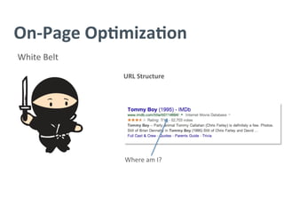 On-­‐Page	
  Op/miza/on	
  
White	
  Belt	
  
URL	
  Structure	
  
Where	
  am	
  I?	
  
 