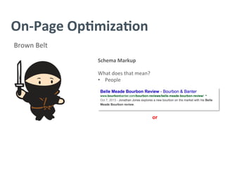 On-­‐Page	
  Op/miza/on	
  
Brown	
  Belt	
  
Schema	
  Markup	
  
	
  
What	
  does	
  that	
  mean?	
  
•  People	
  
	
  
or	
  
 