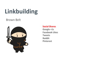 Linkbuilding	
  
Brown	
  Belt	
  
Social	
  Shares	
  
Google	
  +1s	
  
Facebook	
  Likes	
  
Tweets	
  
Reddit	
  	
  
Pinterest	
  
	
  
 