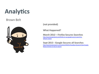 Analy/cs	
  
Brown	
  Belt	
  
(not	
  provided)	
  
	
  
What	
  Happened?	
  
	
  
March	
  2012	
  –	
  Firefox	
  Secures	
  Searches	
  
h^p://searchengineland.com/ﬁrefox-­‐to-­‐use-­‐google-­‐secure-­‐search-­‐by-­‐
default-­‐116231	
  
	
  
Sept	
  2013	
  -­‐	
  Google	
  Secures	
  all	
  Searches	
  
h^p://searchenginewatch.com/ar?cle/2296351/Goodbye-­‐Keyword-­‐Data-­‐Google-­‐
Moves-­‐En?rely-­‐to-­‐Secure-­‐Search	
  
	
  
	
  
	
  
 