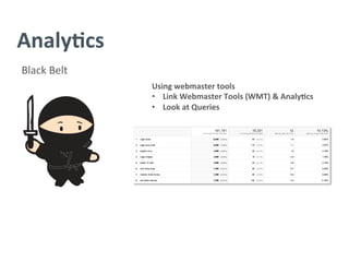 Analy/cs	
  
Black	
  Belt	
  
Using	
  webmaster	
  tools	
  
•  Link	
  Webmaster	
  Tools	
  (WMT)	
  &	
  Analy/cs	
  
•  Look	
  at	
  Queries	
  
 