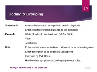 Situation 5 A verbatim symptom term point to certain diagnosis.
Enter reported verbatim but encode the diagnosis
Example White blood cell count reduced (<0.5 x 109
/L)
-fever
-weakness
Rule Enter verbatim term white blood cell count reduced as diagnosis
Enter description to be coded as Leukopenia
(provided by PVL/BSL)
Handle other symptoms according to previous rules.
Coding & Grouping:
01/29/17Katalyst Healthcares & Life Sciences
10
 