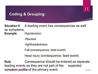 Situation 6 A leading event has consequences as well
as symptoms.
Example Hypotension
-Nausea
-lightheadedness
Fall (consequence; lead event)
Head injury (consequence; lead event)
Rule Consequence should be entered as separate
leading events as they are not part of the expected
symptom profile of the primary event.
Coding & Grouping:
01/29/17Katalyst Healthcares & Life Sciences
11
 