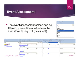 Event Assessment:
 The event assessment screen can be
filtered by selecting a value from the
drop down list eg BPI (datasheet)
01/29/17Katalyst Healthcares & Life Sciences
27
 