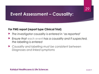 Event Assessment – Causality:
For PMS report (report type Clinical Trial)
 The investigator causality is entered in ‘as reported’
 Ensure that each event has a causality and if suspected,
the labelling is entered
 Causality and labelling must be consistent between
Diagnoses and linked symptoms
01/29/17Katalyst Healthcares & Life Sciences
29
 