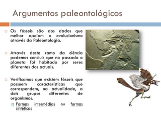 Argumentos paleontológicos
   Os fósseis são dos dados que
    melhor apoiam o evolucionismo
    através da Paleontologia...