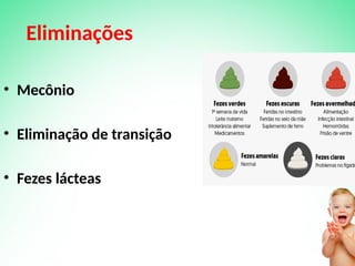 Eliminações
• Mecônio
• Eliminação de transição
• Fezes lácteas
 