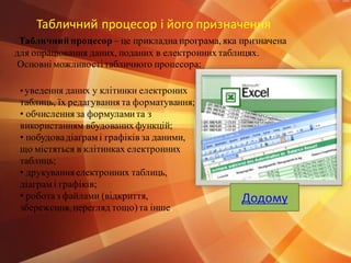 Табличний процесор і його призначення
Табличнийпроцесор– це прикладна програма, яка призначена
для опрацювання даних, поданих в електронних таблицях.
Основні можливостітабличного процесора:
• уведення даних у клітинки електроних
таблиць, їх редагування та форматування;
• обчислення за формуламита з
використанням вбудованих функцій;
• побудовадіаграмі графіків за даними,
що містяться в клітинках електронних
таблиць;
• друкуванняелектронних таблиць,
діаграмі графіків;
• роботаз файлами (відкриття,
збереження, перегляд тощо)та інше.
Додому
 