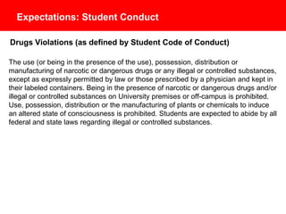 Expectations: Student Conduct
Drugs Violations (as defined by Student Code of Conduct)
The use (or being in the presence of the use), possession, distribution or
manufacturing of narcotic or dangerous drugs or any illegal or controlled substances,
except as expressly permitted by law or those prescribed by a physician and kept in
their labeled containers. Being in the presence of narcotic or dangerous drugs and/or
illegal or controlled substances on University premises or off-campus is prohibited.
Use, possession, distribution or the manufacturing of plants or chemicals to induce
an altered state of consciousness is prohibited. Students are expected to abide by all
federal and state laws regarding illegal or controlled substances.
 