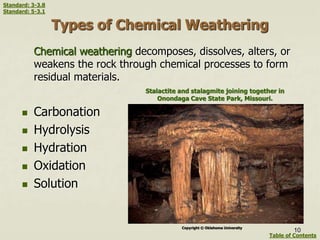 Types of Chemical Weathering
Chemical weathering decomposes, dissolves, alters, or
weakens the rock through chemical processes to form
residual materials.
 Carbonation
 Hydrolysis
 Hydration
 Oxidation
 Solution
Copyright © Oklahoma University
Stalactite and stalagmite joining together in
Onondaga Cave State Park, Missouri.
10
Table of Contents
Standard: 3-3.8
Standard: 5-3.1
 