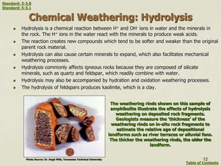 Chemical Weathering: Hydrolysis
 Hydrolysis is a chemical reaction between H+ and OH- ions in water and the minerals in
the rock. The H+ ions in the water react with the minerals to produce weak acids.
 The reaction creates new compounds which tend to be softer and weaker than the original
parent rock material.
 Hydrolysis can also cause certain minerals to expand, which also facilitates mechanical
weathering processes.
 Hydrolysis commonly affects igneous rocks because they are composed of silicate
minerals, such as quartz and feldspar, which readily combine with water.
 Hydrolysis may also be accompanied by hydration and oxidation weathering processes.
 The hydrolysis of feldspars produces kaolinite, which is a clay.
Photo Source: Dr. Hugh Mills, Tennessee Technical University
The weathering rinds shown on this sample of
amphibolite illustrate the effects of hydrolysis
weathering on deposited rock fragments.
Geologists measure the ‘thickness’ of the
weathering rinds on in-situ rock fragments to
estimate the relative age of depositional
landforms such as river terraces or alluvial fans.
The thicker the weathering rinds, the older the
landform.
12
Table of Contents
Standard: 3-3.8
Standard: 5-3.1
 