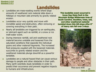Landslides
 Landslides are mass-wasting events where large
amounts of weathered rock material slide down a
hillslope or mountain side primarily by gravity related
erosion.
 Landslides occur very quickly and move with
incredible speed and destruction, often removing or
covering everything in their path.
 Nearly all landslides are triggered by an earthquake,
or lubricant agent such as rainfall, or a snow or ice
melt-water event.
 During intensive rainfall, soil and weathered rock
material become unstable and loosened from the
saturated conditions that separate the individual
grains and other material fragments. The increased
fluid pressures coupled with the loosened materials
succumbs to gravity related erosion and the
weathered materials plunge downhill as a powerful
landslide.
 Landslides are a natural hazard that can cause serious
damage to people and other obstacles in their path.
Many earth scientists study landslides in order to
predict their occurrence and prevent negative impacts
to humans and infrastructure.
This landslide event occurred in
Jones Gap State Park in the
Mountain Bridge Wilderness Area of
South Carolina. Boulders, trees, soil,
and other weathered material
tumbled down this hill-slope after 8’’
of heavy rain fell over 2-days.
Photo source: SCGS
28
Table of Contents
Standard: 3-3.8
Standard: 5-3.1
 