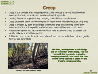 Creep
 Creep is the slowest mass-wasting process and involves a very gradual downhill
movement of soil, bedrock, and weathered rock fragments.
 Usually, the entire slope is slowly creeping downhill as a complete unit.
 Creep processes occur to some degree on nearly every hillslope because of gravity.
 Creep is evident by bent or extended tree trunks that are adjusting to the slow
movement of the soil, regolith, and weathered material they are rooted into.
 Freeze-thaw cycles and saturated conditions may accelerate creep processes but
usually only for a short time-period
 Solifluction is a certain form of creep where frozen tundra soils thaw out and gently
‘flow’ or sag downslope
The bent, leaning trees in this image
are an indication of soil creep. The soil
beneath the tree roots is slowing
creeping downhill, as a result the tree
trunks curve upslope in order for the
trees to remain upright.
Copyright © Marli Miller, University of Oregon
31
Table of Contents
Standard: 3-3.8
Standard: 5-3.1
 