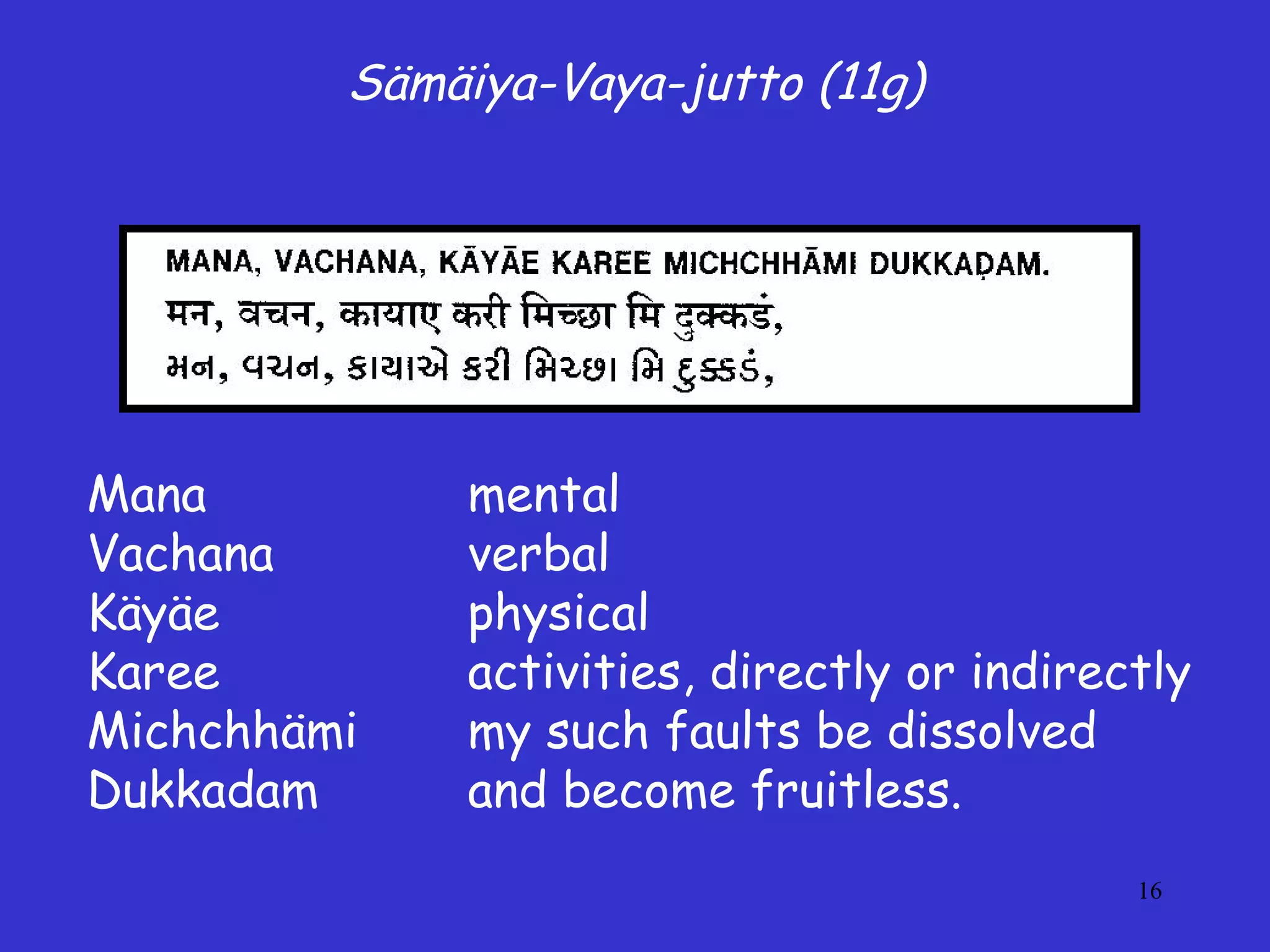 16
Sämäiya-Vaya-jutto (11g)
Mana mental
Vachana verbal
Käyäe physical
Karee activities, directly or indirectly
Michchhämi my such faults be dissolved
Dukkadam and become fruitless.
 