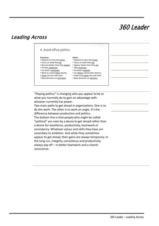 360 Leader - Leading Across
360 Leader
Leading Across
“Playing politics” is changing who you appear to be or
what you norm...