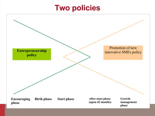 Two policies Encouraging phase Birth phase Start phase After-start phase (upon 42 months) Growth management phase Entrepreneurship policy Promotion of new innovative SMEs policy 