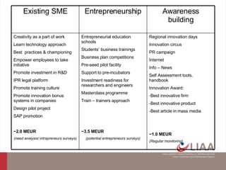 Regional innovation days Innovation circus PR campaign Internet Info – News Self Assessment tools, handbook Innovation Award: Best innovative firm Best innovative product Best article in mass media ~1.0 MEUR  (Regular monitoring) Entrepreneurial education schools Students’ business trainings Business plan competitions Pre-seed pilot facility Support to pre-incubators Investment readiness for researchers and engineers Masterclass programme Train – trainers approach ~3.5 MEUR (potential entrepreneurs surveys) Creativity as a part of work Learn technology approach Best  practices & championing Empower employees to take initiative Promote investment in R&D IPR legal platform Promote training culture Promote innovation bonus systems in companies Design pilot project SAP promotion ~2.0 MEUR (need analysis/ intrapreneurs surveys) Awareness building Entrepreneurship Existing SME 