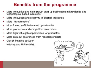 Benefits from the programme  More  innovative and high growth  start-up businesses in knowledge and technological based industries More innovation and creativity in existing industries More “intrapreneurs” More focus on Global market opportunities More productive and competitive enterprises More high value job opportunities for graduates More spin-out enterprises from research projects Closer linkages be tw een  industry and Universities. 