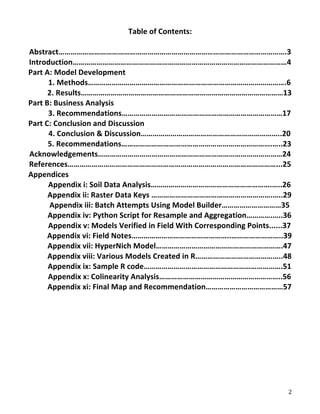   2	
  
Table	
  of	
  Contents:	
  
	
  
Abstract…………………………………………………………………………………………………….3	
  
Introduction………………………………………………………………………………………………4	
  
Part	
  A:	
  Model	
  Development	
  
1.	
  Methods……………………………………………………………………………………….6	
  
2.	
  Results…………………………………………………………………………………………13	
  
Part	
  B:	
  Business	
  Analysis	
  
3.	
  Recommendations………………………………………………………………………17	
  
Part	
  C:	
  Conclusion	
  and	
  Discussion	
  
4.	
  Conclusion	
  &	
  Discussion……………………………………………………………..20	
  
5.	
  Recommendations………………………………………………………………….…..23	
  
Acknowledgements…………………………………………………………………………………24	
  
References……………………………………………………………………………………………...25	
  
Appendices	
  
Appendix	
  i:	
  Soil	
  Data	
  Analysis…………………………………………………….…..26	
  
Appendix	
  ii:	
  Raster	
  Data	
  Keys	
  …………………………………………………….…..29	
  
Appendix	
  iii:	
  Batch	
  Attempts	
  Using	
  Model	
  Builder…………………………35	
  
Appendix	
  iv:	
  Python	
  Script	
  for	
  Resample	
  and	
  Aggregation………….…..36	
  
Appendix	
  v:	
  Models	
  Verified	
  in	
  Field	
  With	
  Corresponding	
  Points......37	
  
Appendix	
  vi:	
  Field	
  Notes…………………………………………..……………………..39	
  
Appendix	
  vii:	
  HyperNich	
  Model……………………………………………………….47	
  
Appendix	
  viii:	
  Various	
  Models	
  Created	
  in	
  R……………………………………..48	
  
Appendix	
  ix:	
  Sample	
  R	
  code…………………………………………………………….51	
  
Appendix	
  x:	
  Colinearity	
  Analysis……………………………………………………..56	
  
Appendix	
  xi:	
  Final	
  Map	
  and	
  Recommendation…………………………………57	
  
	
   	
  
 