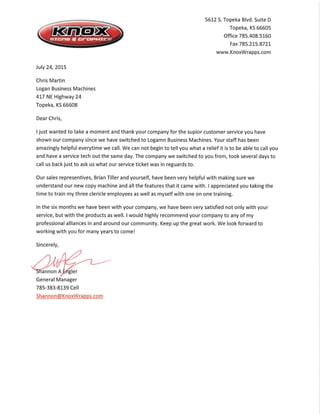 Logan Business letter from Knox Signs