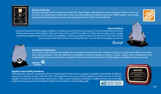 Partner of theYear
America’s leading home improvement chain, The Home Depot, selected Pratt as the company’s Partner of the Year
for 2012–the second time in three years we’ve won the award–from a field of more than 10,000 vendors. Since being
awarded the business three years ago, we’ve delivered with over 99.5% on-time fill rates.
Supplier Sustainability Excellence
Pratt Industries has been recognized with the United States Postal Service’s prestigious Supplier Sustainability Excellence
Award in its very first contract with the USPS. The Postal Service has over 25,000 suppliers, and Pratt was one of the few
suppliers honored for its performance during 2013. Pratt’s award recognizes excellence in implementing environmentally
preferred business practices that help the Postal Service achieve its sustainability goals.
Value Excellence
Pratt was honored with the Supplier Excellence inValue award byThe Bama Companies, theTulsa-based bakery business
which caters to some of the biggest restaurant chains in the world.The Excellence inValue Award is given to the supplier
providing the highest level of innovation and reliability in delivering materials to Bama on time and in full.This is the 4th
successive year that Pratt has been honored by Bama for its commitment to quality and service.
14
Excellence in Execution
And in 2012, Pratt received two Excellence in Execution Gold Awards from Johnson Controls, the global diversified technology
and industrial leader. Pratt was selected for providing consistent quality in product, service, supply chain management and
sustainability. Pratt was one of only a handful of Johnson Controls’more than 250,000 suppliers worldwide to be so honored.
 