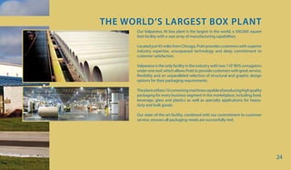 THE WORLD’S LARGEST BOX PLANT
Our Valparaiso, IN box plant is the largest in the world, a 500,000 square
foot facility with a vast array of manufacturing capabilities.
Located just 45 miles from Chicago, Pratt provides customers with superior
industry expertise, unsurpassed technology and deep commitment to
customer satisfaction.
Valparaiso is the only facility in the industry with two 110”BHS corrugators
under one roof, which allows Pratt to provide customers with great service,
flexibility and an unparalleled selection of structural and graphic design
options for their packaging requirements.
Theplantutilizes10convertingmachinescapableofproducinghighquality
packaging for every business segment in the marketplace, including food,
beverage, glass and plastics as well as specialty applications for heavy-
duty and bulk goods.
Our state-of-the art facility, combined with our commitment to customer
service, ensures all packaging needs are successfully met.
24
 