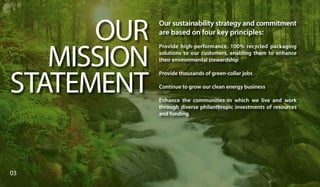Our sustainability strategy and commitment
are based on four key principles:
Provide high-performance, 100% recycled packaging
solutions to our customers, enabling them to enhance
their environmental stewardship
Provide thousands of green-collar jobs
Continue to grow our clean energy business
Enhance the communities in which we live and work
through diverse philanthropic investments of resources
and funding
OUR
MISSION
STATEMENT
03
 