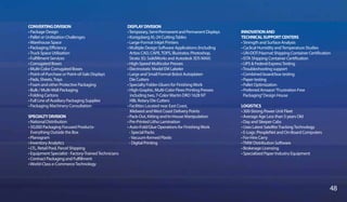 CONVERTINGDIVISION
• Package Design
• Pallet or Unitization Challenges
•Warehouse Space
• Packaging Efficiency
•Truck Space Utilization
• Fulfillment Services
• Corrugated Boxes
• Multi-Color Corrugated Boxes
• Point-of-Purchase or Point-of-Sale Displays
• Pads, Sheets,Trays
• Foam and other Protective Packaging
• Bulk / Multi-Wall Packaging
• Folding Cartons
• Full Line of Auxiliary Packaging Supplies
• Packaging Machinery Consultation
SPECIALTYDIVISION
• National Distribution
• 50,000 Packaging Focused Products-
Everything Outside the Box
• Planogram
• Inventory Analytics
• LTL, Retail Pool, Parcel Shipping
• Equipment Specialist - Factory-TrainedTechnicians
• Contract Packaging and Fulfillment
•World-Class e-CommerceTechnology
DISPLAYDIVISION
•Temporary,Semi-PermanentandPermanentDisplays
• Konigsberg XL-24 CuttingTables
• Large-Format Inkjet Printers
• Multiple Design Software Applications (Including
Artios CAD, CAPE,TOPS, Illustrator, Photoshop,
Strata 3D, SolidWorks and Autodesk 3DS MAX)
• High-Speed Multicolor Presses
• Electrostatic Model EM Labeler
• Large and Small Format Bobst Autoplaten
Die Cutters
• Specialty Folder-Gluers for FinishingWork
• High-Graphic, Multi-Color Flexo Printing Presses
including two, 7-Color Martin DRO 1628 NT
HBL Rotary Die Cutters
• Facilities Located near East Coast,
Midwest andWest Coast Delivery Points
• Pack-Out, Kitting and In-House Manipulation
• Pre-Printed Litho Lamination
• Auto-Fold/Glue Operations for FinishingWork
- Special Packs
-Vacuum-formed Plastic
- Digital Printing
INNOVATIONAND
TECHNICALSUPPORTCENTERS
• Strength and Surface Analysis
• Cyclical Humidity andTemperature Studies
• UN-DOT/Hazmat Shipping Container Certification
• ISTA Shipping Container Certification
• UPS  Federal ExpressTesting
•Troubleshooting support
• Combined board/box testing
• Paper testing
• Pallet Optimization
• Preferred Amazon“Frustration-Free
Packaging”Design House
LOGISTICS
• 300-Strong Power Unit Fleet
• Average Age Less than 5 years Old
• Day and Sleeper Cabs
• Uses Latest SatelliteTrackingTechnology
• E-Logs /PeopleNet and On-Board Computers
• For-Hire Carry
•TMW Distribution Software
• Brokerage Licensing
• Specialized Paper Industry Equipment
48
 