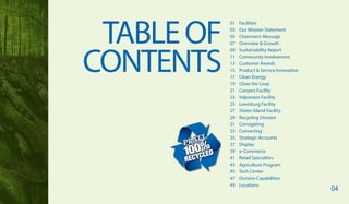 01 Facilities
03 Our Mission Statement
05 Chairman’s Message
07 Overview & Growth
09 Sustainability Report
11 Community Involvement
13 Customer Awards
15 Product & Service Innovation
17 Clean Energy
19 Close the Loop
21 Conyers Facility
23 Valparaiso Facility
25 Lewisburg Facility
27 Staten Island Facility
29 Recycling Division
31 Corrugating
33 Converting
35 Strategic Accounts
37 Display
39 e-Commerce
41 Retail Specialties
43 Agriculture Program
45 Tech Center
47 Division Capabilities
49 Locations
TABLEOF
CONTENTS
04
 
