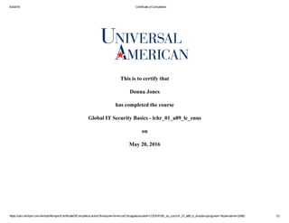6/3/2016 Certificate of Completion
https://uam.skillport.com/skillportfe/reportCertificateOfCompletion.action?timezone=America/Chicago&courseid=CDE$16126:_ss_cca:lchr_01_a89_lc_enus&myprogress=1&username=22462 1/2
This is to certify that
Donna Jones
has completed the course
Global IT Security Basics ­ lchr_01_a89_lc_enus
on
May 20, 2016
 