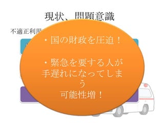 現状、問題意識
不適正利用者の増加により・・・・・

・国の財政を圧迫！
・緊急を要する人が
手遅れになってしま
う
可能性増！

 