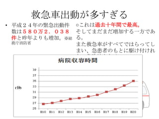 救急車出動が多すぎる
• 平成２４年の緊急出動件 ○これは過去十年間で最高。
数は５８０万２．０３８ そしてまだまだ増加する一方であ
件と昨年よりも増加。※総 る。
務庁消防省
また救急車がすべてではらってし
まい、急患者のもとに駆け付けれ
ない危険性もある。

 