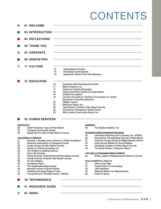 A Directory For Charitable Giving n nn 7
CONTENTS
01	WELCOME
03	INTRODUCTION
11	CULTURE
12	 Delray Beach Chorale
13	 Palm Beach Dramaworks
13	 Symphonic Band of the Palm Beaches
15	EDUCATION
16	 Apostolic Child Development Center
17	 Back to Basics, Inc.
17	 Center for Creative Education
18	 Gold Coast Down Syndrome Organization
18	 KidSafe Foundation
19	 Lorraine and Jack N. Friedman Commission for Jewish
	 Education of the Palm Beaches
20	 Milagro Center
21	 Resource Depot, Inc.
22	 Take Stock in Children Palm Beach County
23	 Vinceremos Therapeutic Riding Center
23	 West Jupiter Community Group, Inc.
25	 HUMAN SERVICES
ADVOCACY
28	 Child Protection Team of Palm Beach
33	 Compass Community Center
48	 Speak Up! For Kids of Palm Beach County
CHILDREN & FAMILIES
27	 Amanda J. Buckley Give a Smile to a Child Foundation
27	 American Association of Caregiving Youth
28	 Autism Project of Palm Beach County
28	 Center for Child Counseling, Inc.
29	 The Children’s Healing Institute
32	 Club 100 Charities
34	 Family Promise of North/Central Palm Beach County
35	 Family Promise of South Palm Beach County
38	 For the Children
40	 Grandma’s Place
41	 The Guatemalan-Maya Center
42	 Hannah’s Home of South Florida
47	 Pediatric Oncology Support Team
48	 Young Women’s Christian Assoc. (YWCA)
GENERAL
39	 The Glades Initiative, Inc.
HUNGER/HOMELESSNESS/HOUSING
30	 Christians Reaching Out to Society, Inc. (CROS)
36 	 Farmworker Coordinating Council of Palm Beach
37 	 Feed the Hungry Pantry at Village Baptist Church
43 	 Holy Ground Shelter for the Homeless
44 	 Homeless Coalition of Palm Beach County
48 	 The Soup Kitchen of Boynton Beach
LIFE SKILLS/TRAINING/EMPLOYMENT
33 	 El Sol, Jupiter’s Neighborhood Resource Center
HEALTH/MENTAL HEALTH
31	 Clinics Can Help
37 	 Faulk Center for Counseling
45 	 Jeff Industries
45 	 National Alliance on Mental Illness
46 	 Paws 4 Liberty
49	TESTIMONIALS
04	REFLECTIONS
05	 THANK YOU
51	 RESOURCE GUIDE
07	CONTENTS
09	DEDICATION
62	INDEX
 